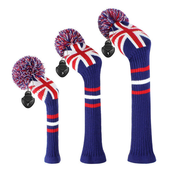 Scott Edward Knitted Golf Club Head Covers for Woods 3Pcs Set Golf Driver (460CC) Fairways and Hybrid/UT with Rotating Number Tags(UK Flag) - Golf Gift