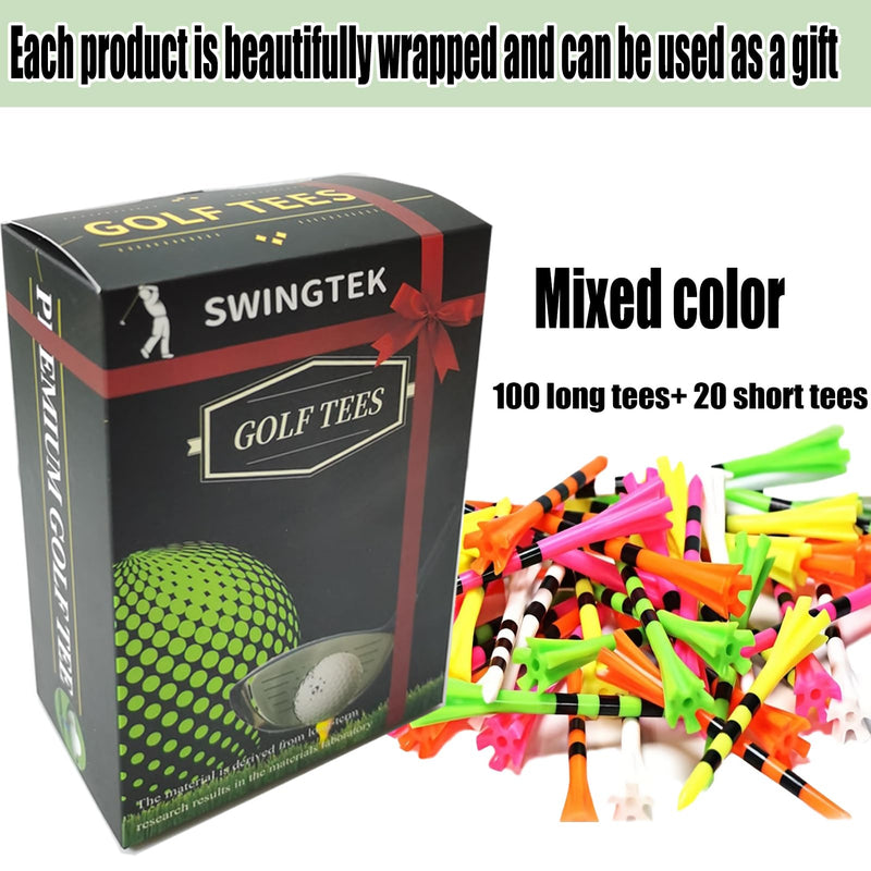 SWINGTEK 120 Pack Plastic Golf Tees,Contain 100 pcs 3-1/4 Inch Unbreakable Long Tees and 20 Short Tees,Mixed Color,Frictional Resistance Reduction - Golf Gift