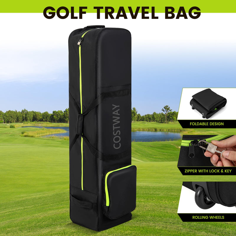 COSTWAY Wheeled Golf Travel Bag, Soft-Sided Travel Cover with 3 Handles, Extra Storage Pocket, Zipper and Key, Foldable Golf Club Stand Bags - Golf Gift