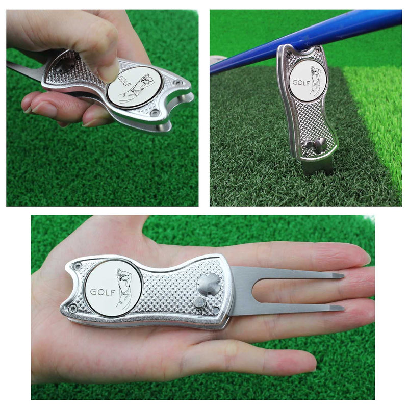 CRESTGOLF Switchblade Golf Divot Tool Golf Green Repair Pitch Fork(silver) - Golf Gift