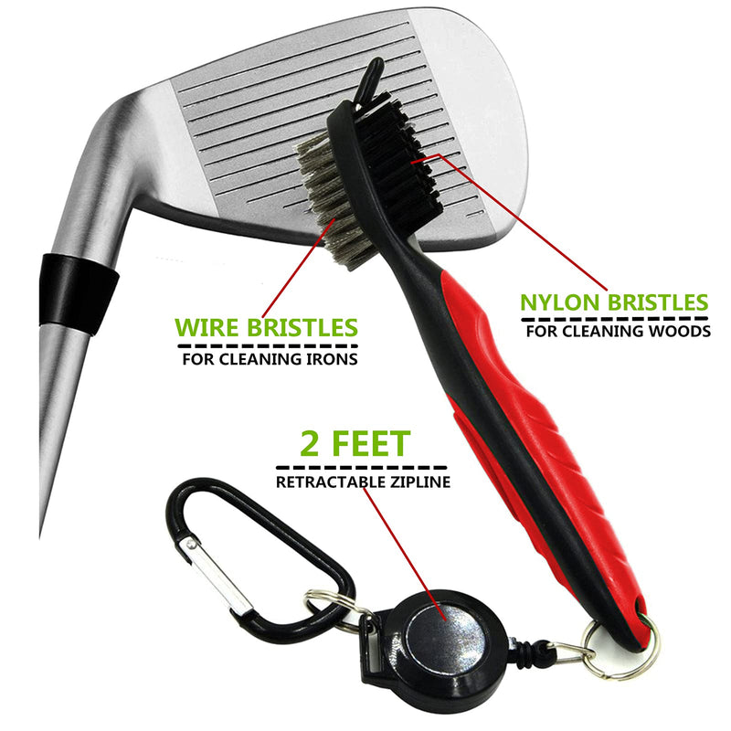 BettGolf Golf Club Brush and Groove Cleaner Brush Brushes in 3 For Golf Shoes/Golf Club/Golf/Golf Groove,2 Ft Retractable Zip-line Aluminum Carabiner (red) - Golf Gift