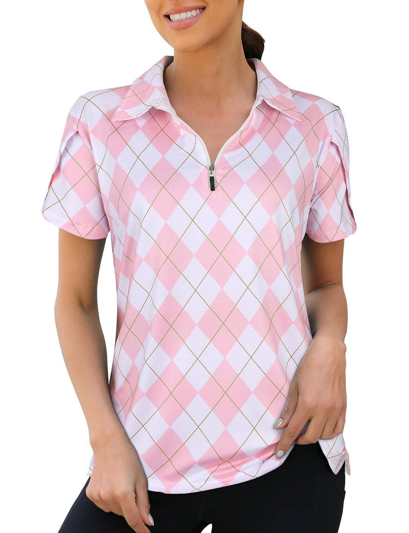 Flikity Polo Shirts for Women UK Ladies Golf Tops 1/4 Zip Up Womens Golf Shirt Short Sleeve Zip Up Stretchy Golf Tops Casual Argyle Print Summer Sports Tops Pink Argyle-XL - Golf Gift