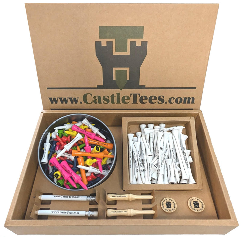 Castle Tees Original Golf Gift Presentation Box Set – 130 pcs Mixed Sizes/Colours Premium Bamboo Golf Tees with a Handy Storage Tin, Pitch Repair Tools, Ball Markers & Pencils. Amazing Golf Gift