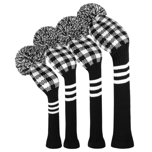 Knit Woods Golf Head Covers, Set of 4, Black White Plaid, Fit Driver (460CC) Fairways hybrid/UT. Soft and Elastic, Decorative Your Golf Bag to Make It Stand Out - Golf Gift