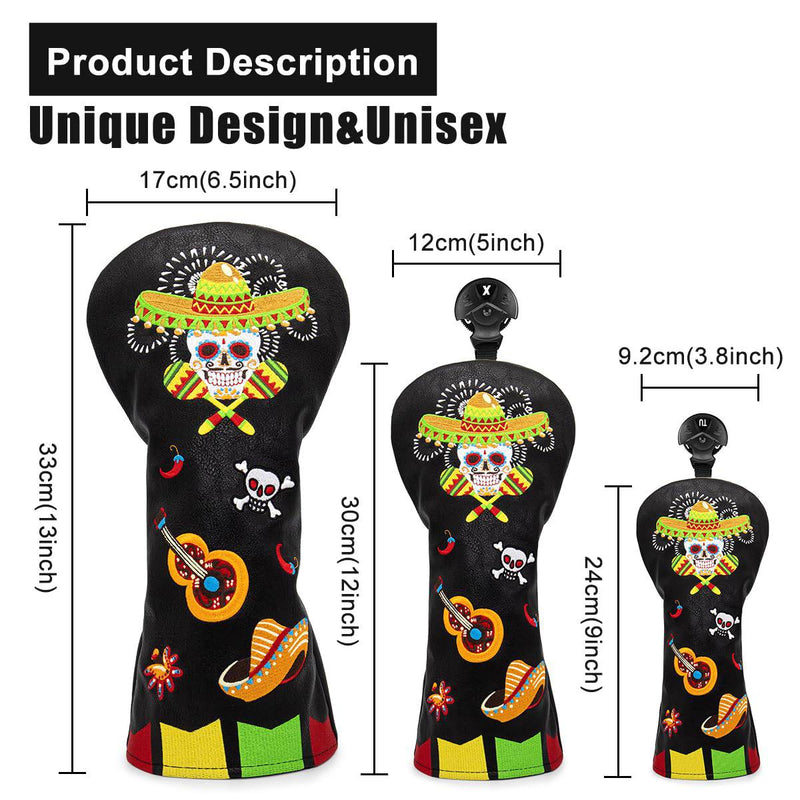 Golf Wood Head Covers Driver Cover 3 Wood Headcover Hybrid Head Covers Embroidery Sugar Skull Design Golf Club Headcovers Leather Hand-Made Wood Head Cover (3pcs(DR+FW+UT)) - Golf Gift