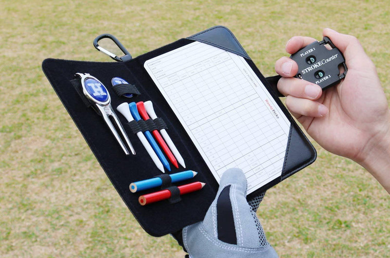 Handy Picks Golf Scorecard Holder n Yardage Book Cover - Divot Repair Tool, Ball Marker, Golf Tees, Scorer, Pencil n Scorecards Included - Gift for Golfers (Black) - Golf Gift