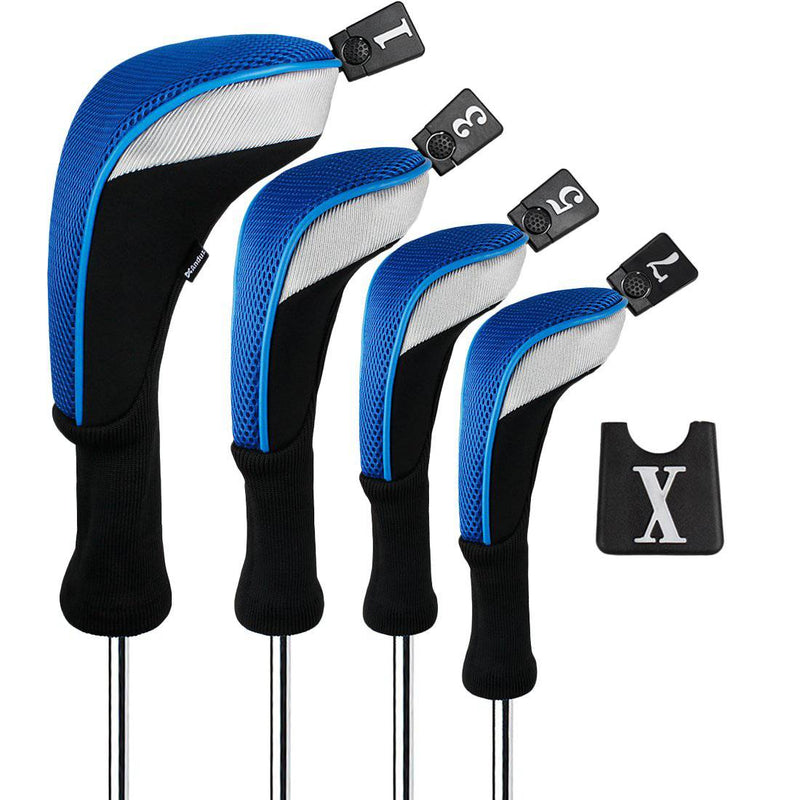 Andux 4pcs/Set Golf Wood Club Head Covers 460cc Driver with Long Neck Blue - Golf Gift