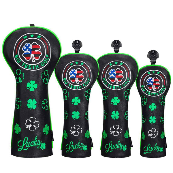 Golf Headcovers for Woods Driver Fairway Wood Hybrid Vintage Style Golf Wood Head Cover Set 4pcs PU Leather for Taylormade Callaway Titleist Ping Cobra Cleveland # 1 F F H (4PCS-Lucky Clover Black) - Golf Gift