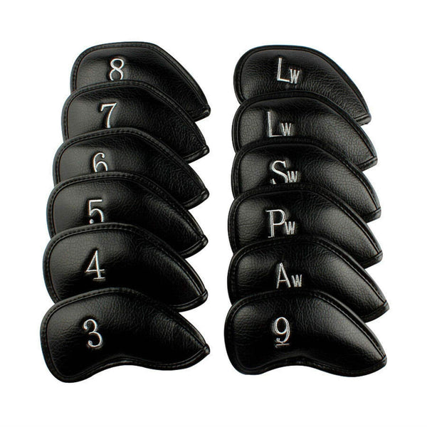 Golf Iron Head Covers Numbers Synthetic Leather Headcover Deluxe Value 12 Pcs Set, Golf Iron Headcovers Protector for Club Mens Protable Fit All Brands (Black) - Golf Gift