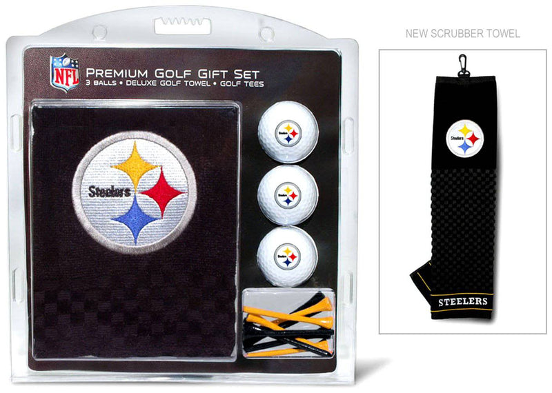 TEAM GOLF NFL Pittsburgh Steelers Gift Set: Embroidered Golf Towel, 3 Golf Balls, and 14 Golf Tees 2-3/4" Regulation, Tri-Fold Towel 16" x 22" & 100% Cotton - Golf Gift