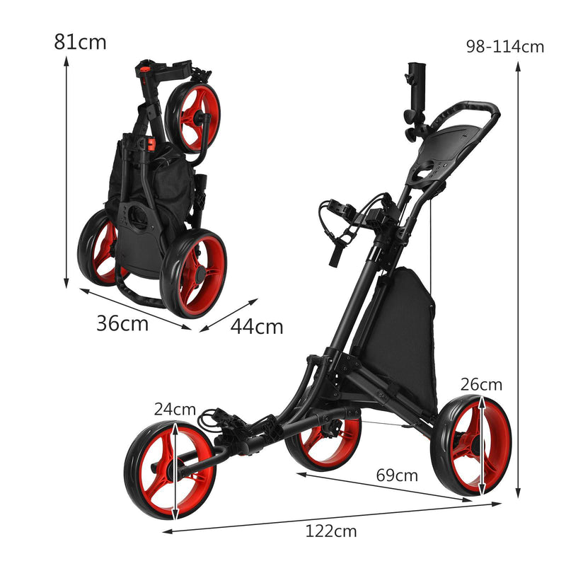 GYMAX 3 Wheels Golf Push Pull Cart, Lightweight Height Adjustable Golf Trolley with Storage Bag, Foot Brake, Umbrella Holder and Built-in Cooler, Foldable Golf Bag Holder (Red) - Golf Gift