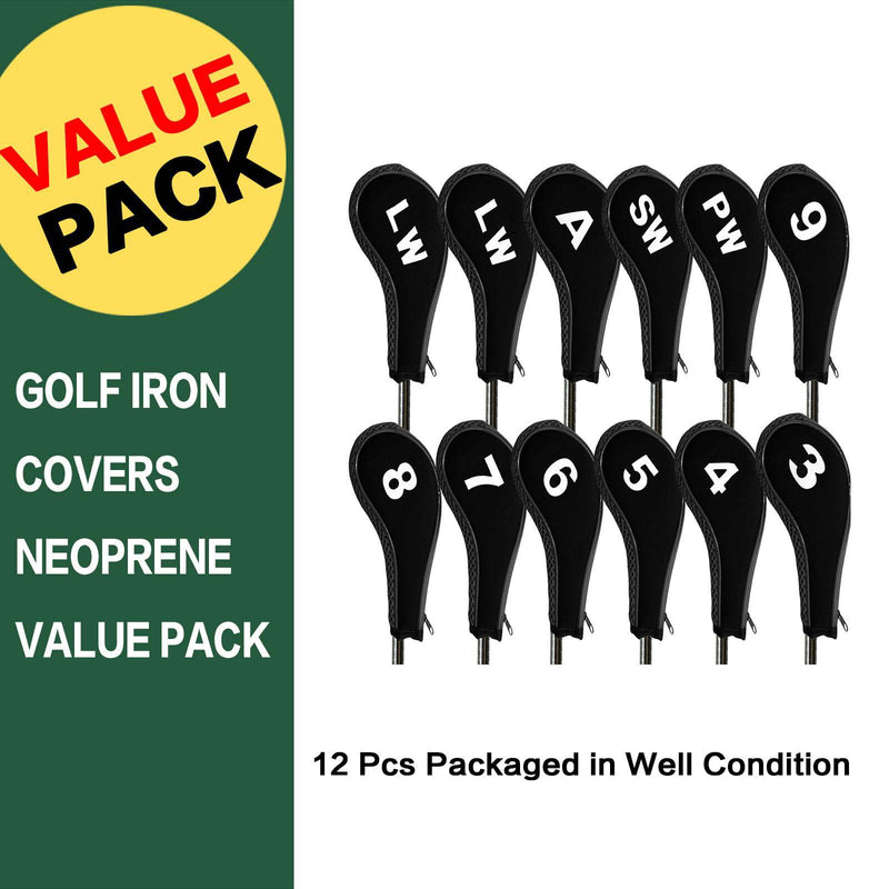 Golf Iron Head Covers Neoprene With Zipper 12 Pcs Lightweight， Golf Iron Head Covers Fit All Brands Iron Club (Black) - Golf Gift