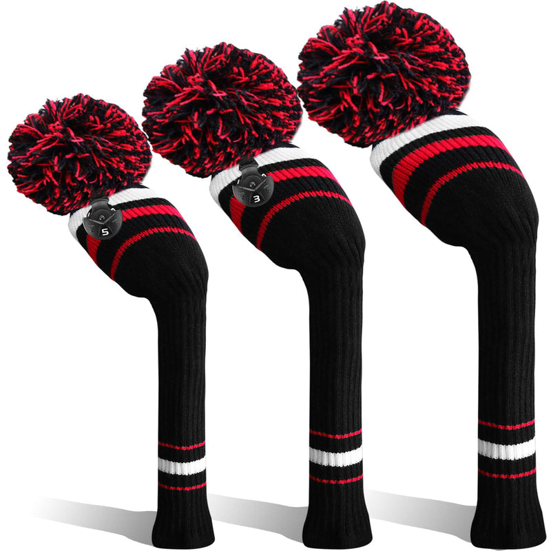 Golf Head Covers Woods Driver Fairway Hybrid 3 Pcs,Golf Headcover Pom Knitted Number 1 3 5 for Men Women Kids Anti-Wrinkle Washable Soft Portable Color Blue Red (Black/Red) - Golf Gift