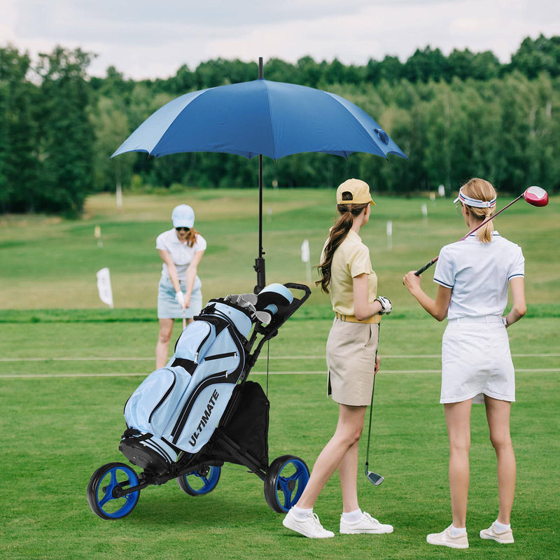 COSTWAY 3 Wheel Golf Push Pull Cart, Lightweight Foldable Golf Trolley with Adjustable Height Handle, Umbrella Stand, Insulation Storage Bag, Cup Holder and Foot Brake (Blue) - Golf Gift