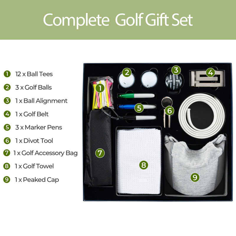 SPOTRAVEL Golf Accessories Set for Men/Women, Complete Golf Gift Set with Golf Balls, Golf Tees, Belt, Hat, Divot Tool, Towel, Ball Marker & Storage Bag, Golf Kit for Golf Lovers - Golf Gift