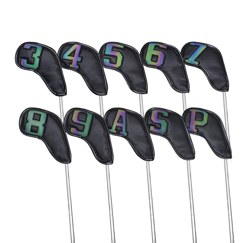 10 Pcs Synthetic Leather Iron Golf Head Covers Strong Magnetic Closure Long Neck Protect Club Shaft Clearly Number Tag 3-9/A/P/S (Gradient Number Leather Black) - Golf Gift