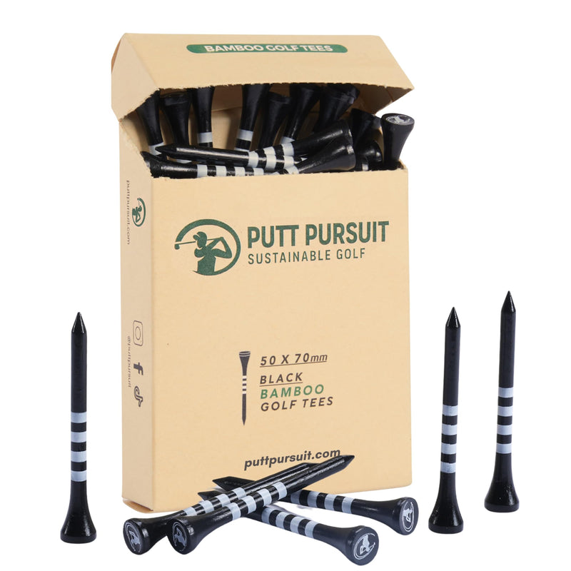 Putt Pursuit 7cm/70 mm Black Golf Tees with 4 White Strips (50 Pack) - Premium Natural Bamboo Wood Material - Sturdy, Biodegradable & Sustainable - Professional Tees - Curved Top for reduced friction - Golf Gift