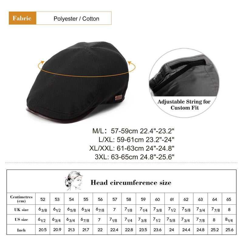 TOP-EX Men's Peaked 100% Cotton Flat Cap - Stylish Newsboy Cap Baker Boy Hat for Golf, Fishing, Gatsby Duckbill Cap for Shooting, Walking, Hunting Black M/L - Golf Gift