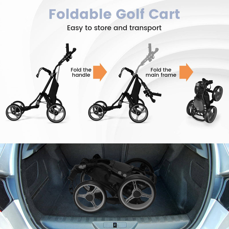 GYMAX 4 Wheels Golf Push Pull Cart, Folding Lightweight Golf Trolley with Storage Bag, Foot Brake, Umbrella Holder and Built-in Cooler, Convenient Quick Open Golf Bag Holder (Gray) - Golf Gift