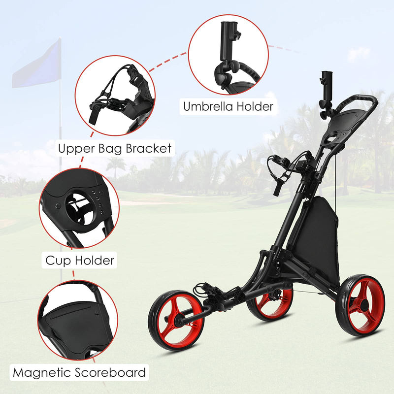 GYMAX 3 Wheels Golf Push Pull Cart, Lightweight Height Adjustable Golf Trolley with Storage Bag, Foot Brake, Umbrella Holder and Built-in Cooler, Foldable Golf Bag Holder (Red) - Golf Gift