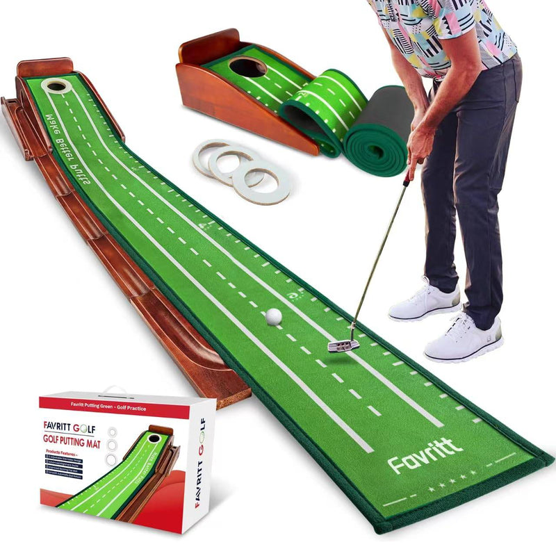 Favritt Putting Mat Indoor Golf - Golf Practice Mat with 3 Reduced-Side Hole and Auto Ball Return System Putting Green for Men & Women Playing Golf Game - Golf Gift