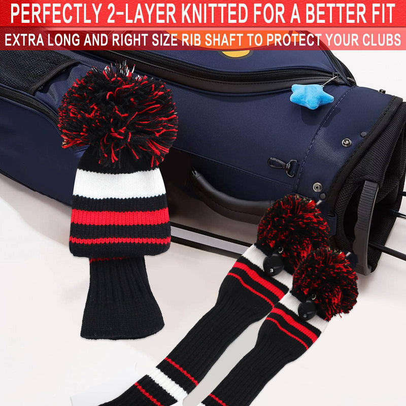 Golf Head Covers Woods Driver Fairway Hybrid 3 Pcs,Golf Headcover Pom Knitted Number 1 3 5 for Men Women Kids Anti-Wrinkle Washable Soft Portable Color Blue Red (Black/Red) - Golf Gift