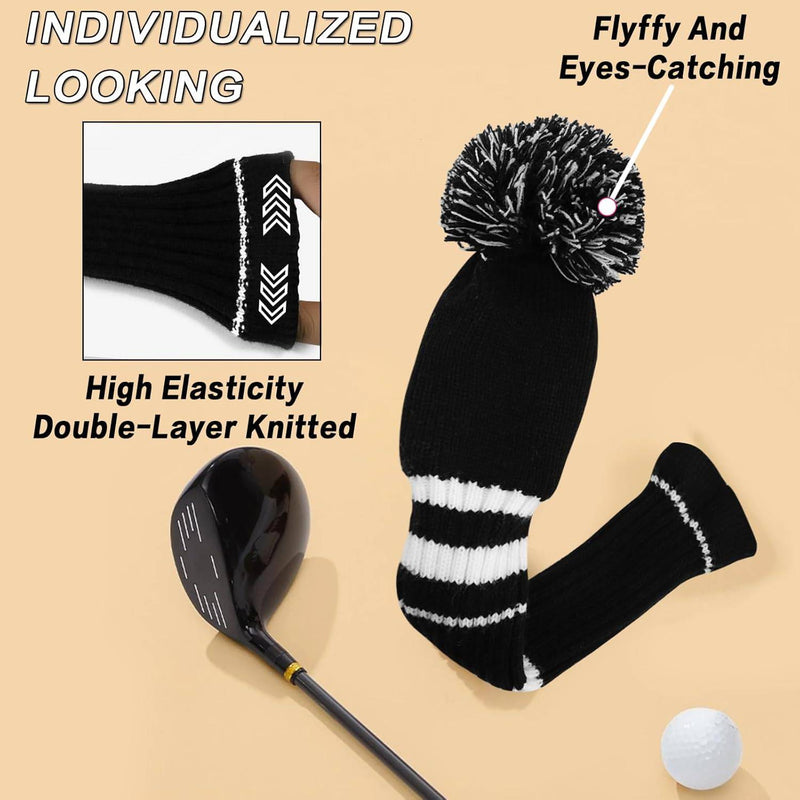 3 or 4 Pack Pom Golf Head Covers for Woods 1 3 5 Driver Fairway Hybrids Golf Wood Head Cover Set with Number Tag Knitted Golf Head Covers (Black 135) - Golf Gift