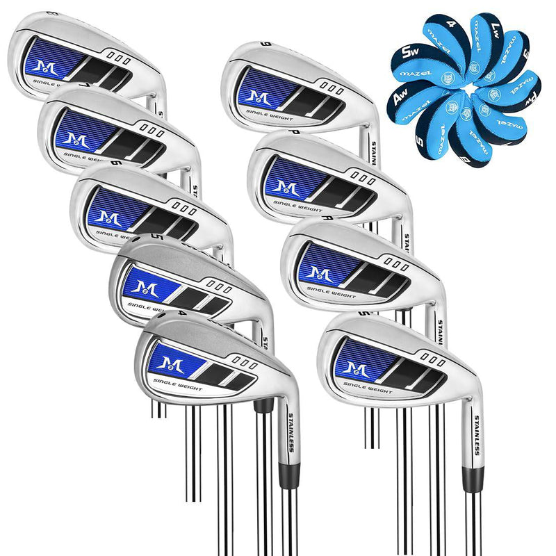 MAZEL ST-007 Golf Irons Set of 9 Right Hand, One Length Iron 4,5,6,7,8,9,P,A,S 37.5 Inch Single Length Iron Club Set for Men Headcover Included (Silver Single Length 9 Pieces) - Golf Gift