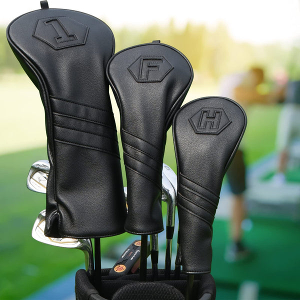 Golf Club Head covers Wood Set 3 PACKS 1FH DR FW UT for Driver Fairway Hybrid with No.Tag Black PU Leather Elastic Closure - Golf Gift