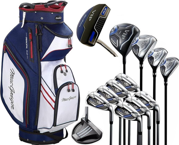 MacGregor VIP Mens 12 Piece Steel +1 Inch Longer Complete Golf Set & Deluxe Cart Bag Navy/White/Red