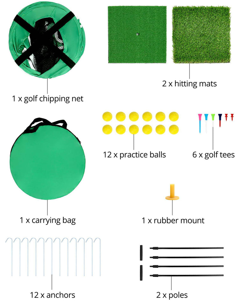 QWORK® golf chipping net, pop up golf practice net, with 2 golf mats and 12 training balls and golf tees accessories - Golf Gift