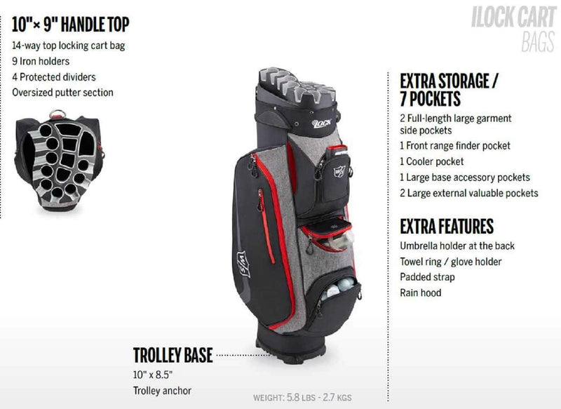 Wilson Staff Golf Bag, I LOCK III Cart Bag, Trolley Bag, For up to 9 irons, Black/Red/Grey, 3.2 kg, WGB4330GY - Golf Gift