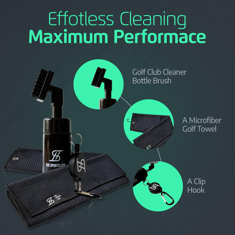 The Sports Lab Golf Club Cleaner Kit- Including Golf Club Cleaner Brush Bottle with Built-in Spray, Microfiber Golf Towel & Clip Hook- Portable Golf Club Cleaning Kit- Ideal Golf Gifts for Men - Golf Gift