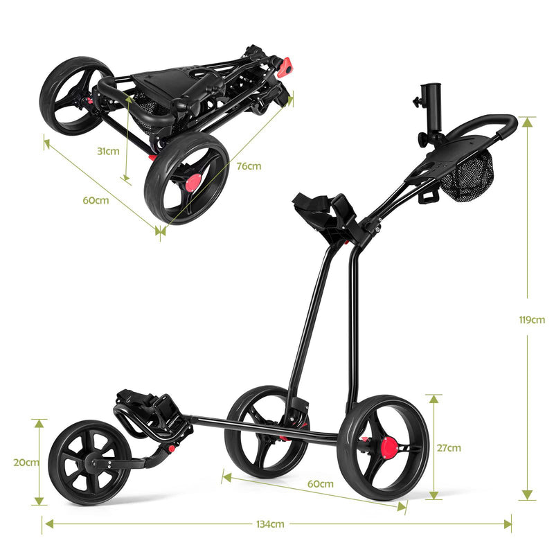 COSTWAY Folding Golf Push Pull Cart, Lightweight 3 Wheels Golfs Trolley with Foot Brake, Umbrella & Cup Holder, Adjustable Handle and Storage Bag - Golf Gift