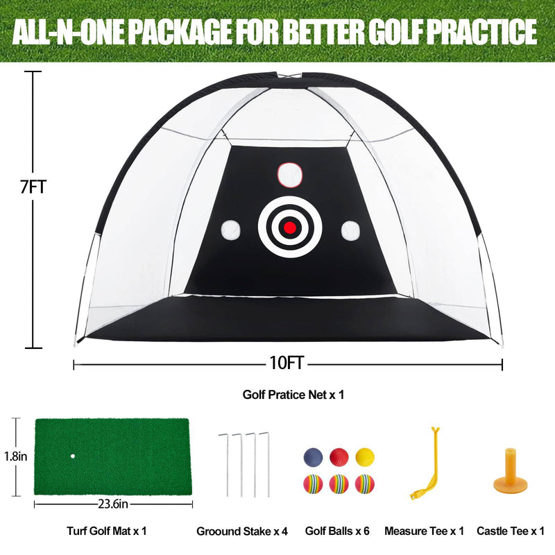 Golf Hitting Net, 10x7ft Golf Nets for Backyard Driving, Golf Practice Net with Chiping Net, Golf Swing Trainer Aid-1 Golf Mat -6 Golf Balls-1 Golf Tees-1 Swing Corrector, Golf Gifts for Men/Women - Golf Gift