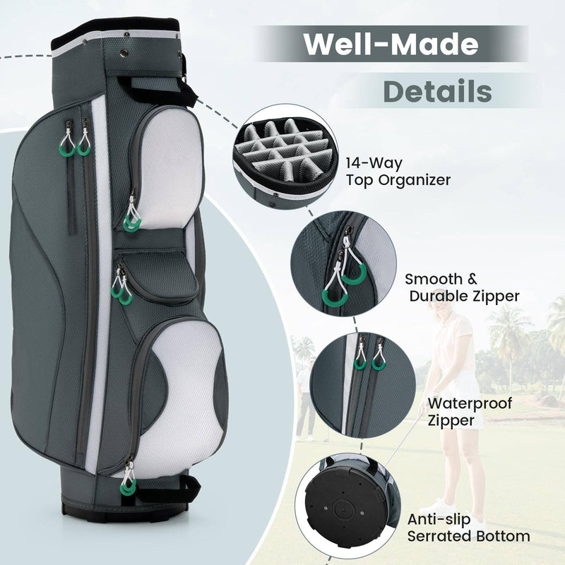 GYMAX Golf Trolley Bag, Lightweight Golf Cart Bag with 14 Way Dividers, 7 Zippered Pockets, Shoulder Strap, Rain Hood, Portable Golf Club Carry Bag (Grey，34 x 29 x 90 cm) - Golf Gift