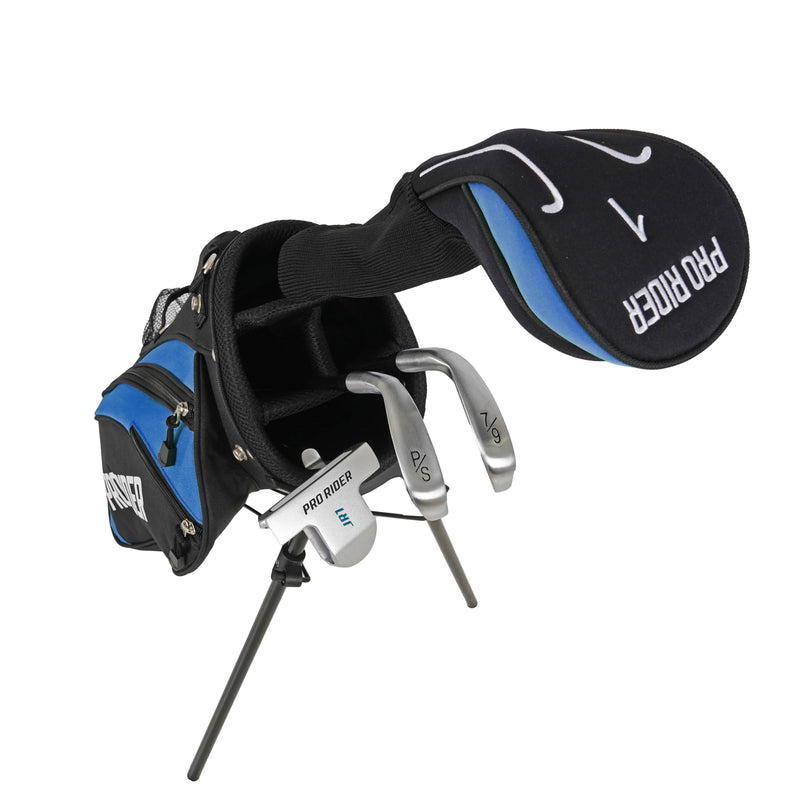 Pro Rider JR1 Junior Stand Bag Golf Package Set | Kids Golf Starter Set with 4 Clubs | Oversize Driver, Irons, Putter, Bag & Headcovers | Lightweight Graphite Shafts & Soft Grips (Blue, Ages 5-8) - Golf Gift