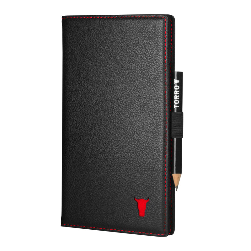 TORRO Golf Scorecard Holder – Genuine Leather Golf Scorecard Holder with Card Slot and Pencil Loop - Gift for Golfers (Black with Red Detail) - Golf Gift