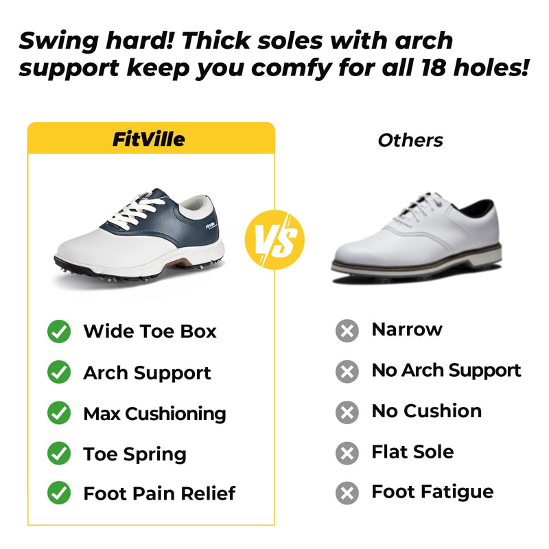 FitVille Mens Golf Shoes Extra Wide Fit with Spikes Professional Spiked Golf Shoes for Men V1 White/Black 9.5 UK Medium - Golf Gift