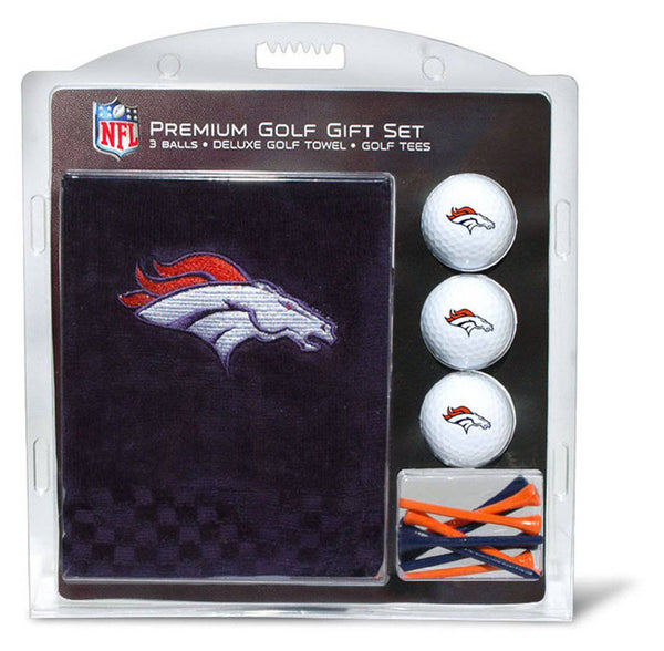 TEAM GOLF NFL Denver Broncos Gift Set: Embroidered Golf Towel, 3 Golf Balls, and 14 Golf Tees 2-3/4" Regulation, Tri-Fold Towel 16" x 22" & 100% Cotton - Golf Gift