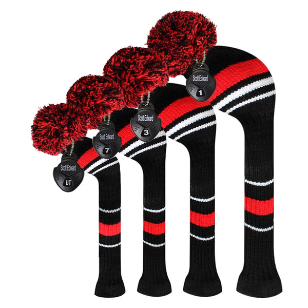 Scott Edward Knit Golf Wood HeadCovers, Set of 4, Fit Driver (460CC) Fairways hybrid/UT, Soft and Thick, Eyes-catching, Black Red White Stripes - Golf Gift