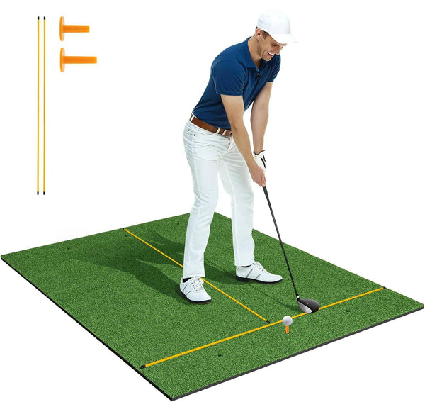 COSTWAY Golf Hitting Mat, 5 x 4 FT Artificial Turf Mat with 2 Rubber Tees and 2 Alignment Sticks, Golf Training Mat for Home Backyard Garage(20mm thick) - Golf Gift