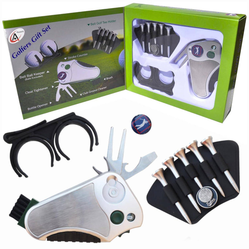 GOLFER’S BEST GOLF GIFT SET: Tool - Stroke Counter, Divot Tool Repair, Brush, Ball Marker, Cleat Tightener, Club Groove Cleaner Belt Tee Holder Tees Belt Ball Holder - Gift Idea For Men Women - Golf Gift