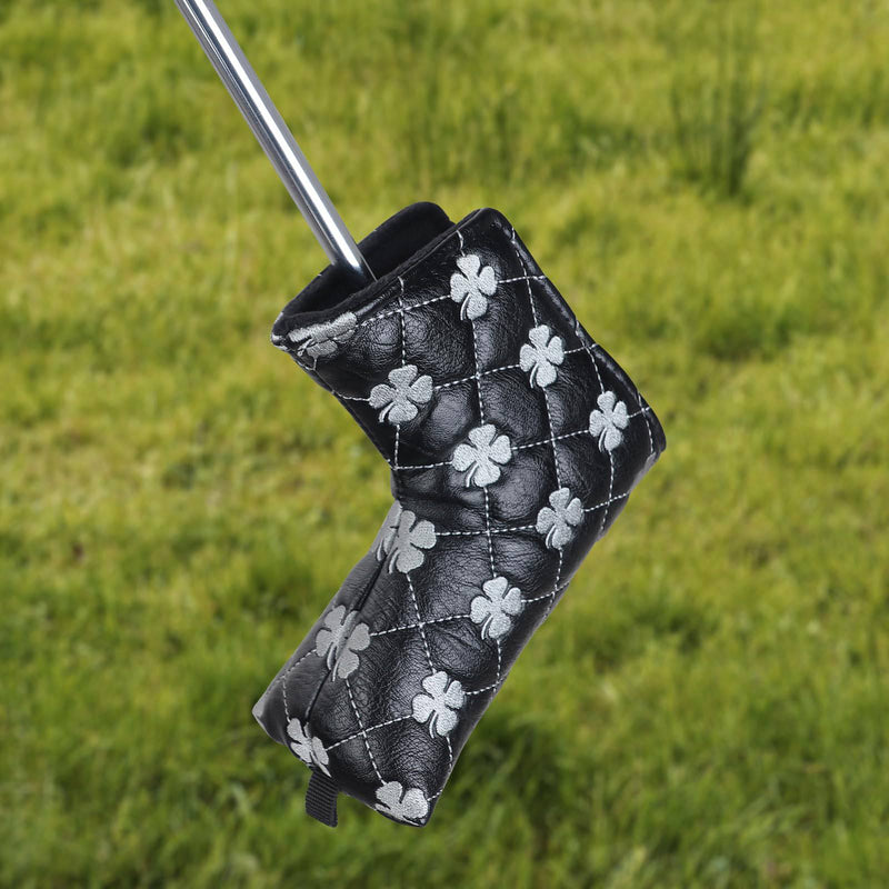 Golf Blade Putter Club Head Cover Pingtype Magnetic Black PU Leather Grey Clover Embroidery - Golf Gift