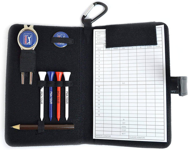 PGA Tour Real Leather Golf Organiser with Scorecard, Holder and Accessories - Black, H23.5, W14.5, D2.6cm. - Golf Gift