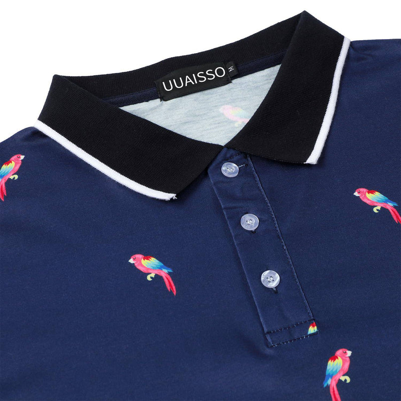 UUAISSO Men's Short Sleeve Polo Shirt Casual Floral Golf Shirts Tropical Tops Summer Shirt for Men Blue Parrot M - Golf Gift