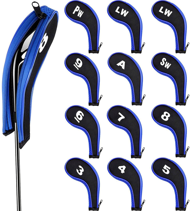 HAOSEA 12Pcs Golf Iron Head Cover,Printing Irons Head Covers Set Club Heads Protector Wedge Head covers with Zip (Black+Blue) - Golf Gift