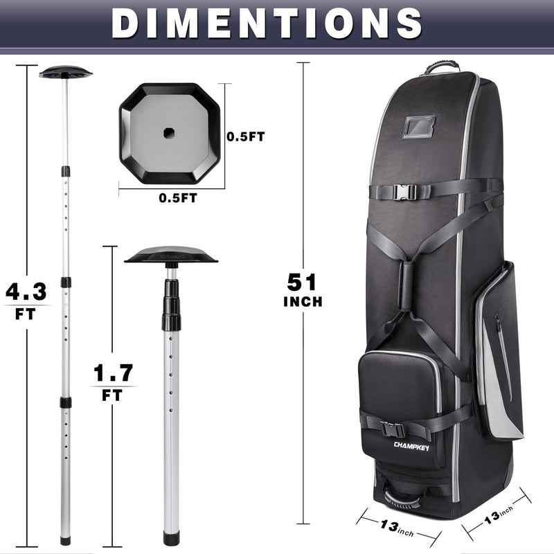 CHAMPKEY 1200D 3.0 Soft Padded Golf Travel Bag with Support Rod - Oversized Wheels Travel Golf Bag - Excellent Golf Club Travel Bags for Airlines (Black(Grey Support Rod)) - Golf Gift