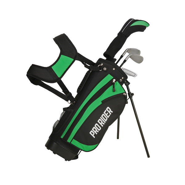 Pro Rider JR1 Junior Stand Bag Golf Package Set | Kids Golf Starter Set with 4 Clubs | Oversize Driver, Irons, Putter, Bag & Headcovers | Lightweight Graphite Shafts & Soft Grips (Green, Ages 5-8) - Golf Gift