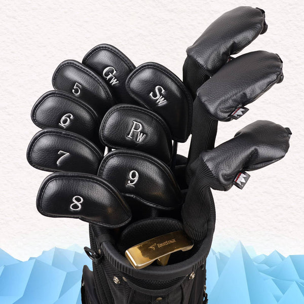 Craftsman Golf 8pcs 5,6,7,8,9,P,S,G Black Leather Iron Headcover + 3pcs Hybrids Head Covers Full Golf Club Set - Golf Gift